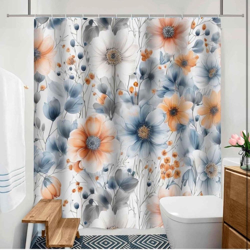 Floral Shower Curtain - Blue, Orange, Gray
